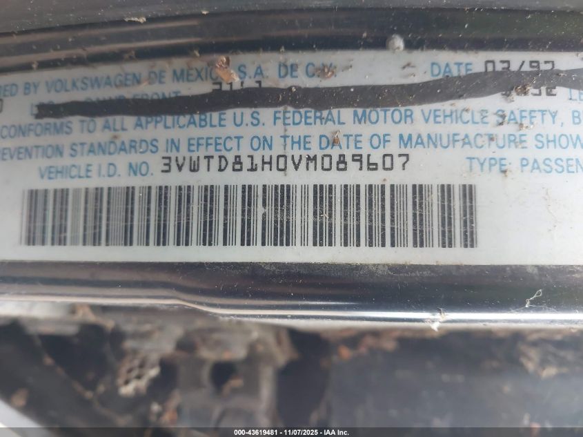 1997 Volkswagen Jetta Glx VIN: 3VWTD81HOVMO89607 Lot: 43619481