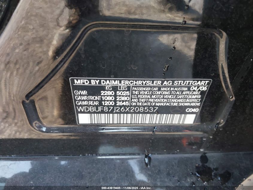 2006 Mercedes-Benz E 350 4Matic VIN: WDBUF87J26X208537 Lot: 43619485