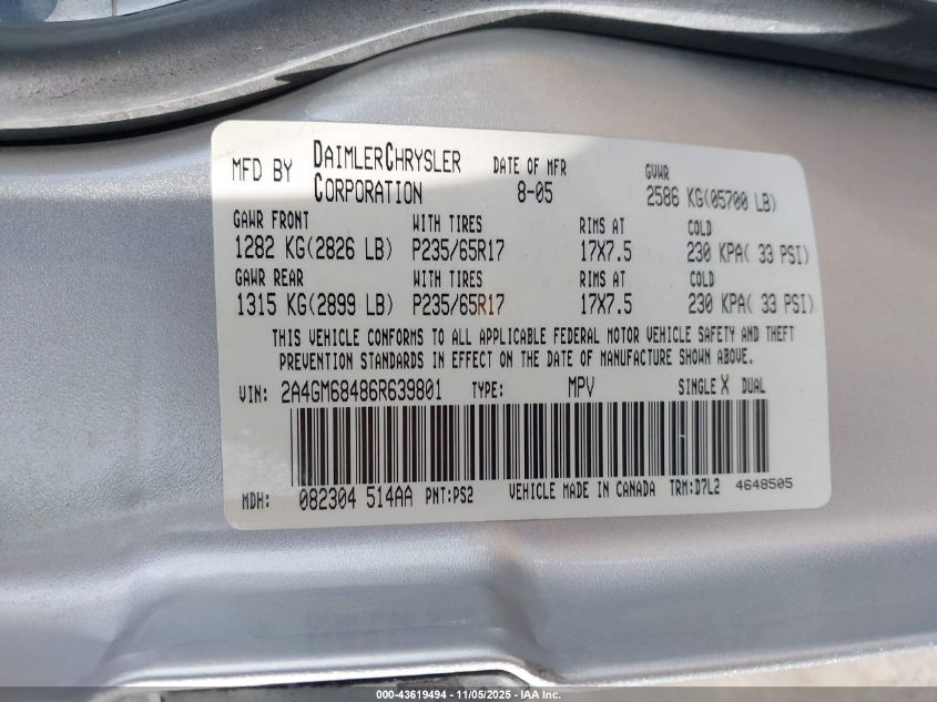 2006 Chrysler Pacifica Touring VIN: 2A4GM68486R639801 Lot: 43619494