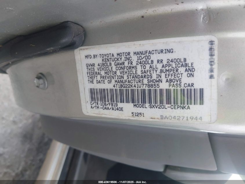 2001 Toyota Camry Le VIN: 4T1BG22K41U778855 Lot: 43619506