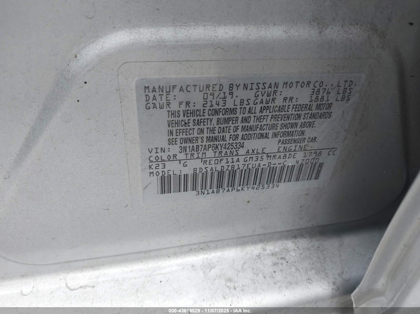 2019 NISSAN SENTRA SV 3N1AB7AP6KY425334