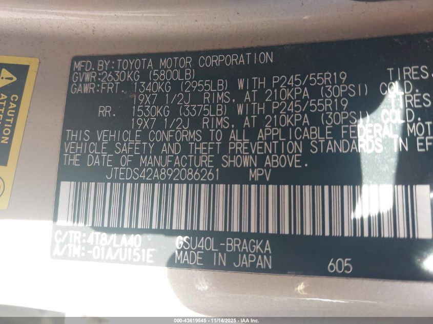 2009 Toyota Highlander Limited VIN: JTEDS42A892086261 Lot: 43619545