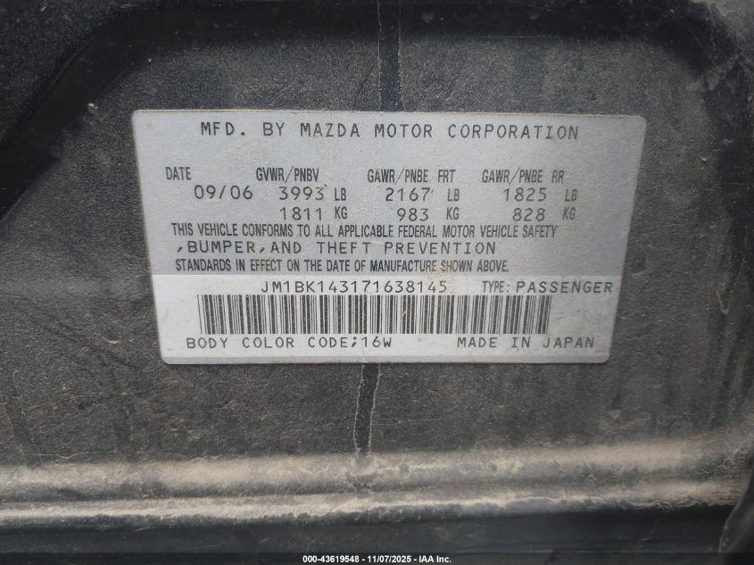 2007 Mazda Mazda3 S Sport VIN: JM1BK143171638145 Lot: 43619548