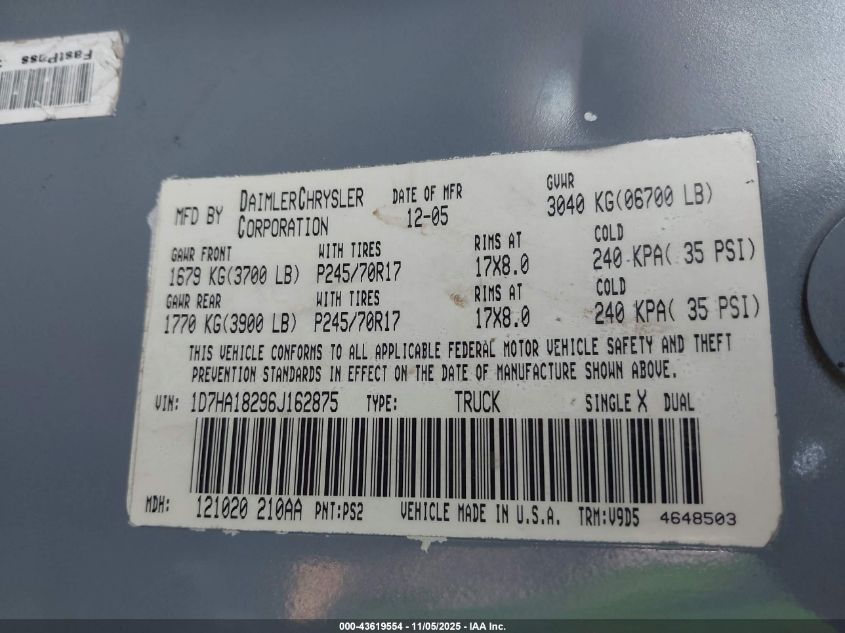 2006 Dodge Ram 1500 Slt VIN: 1D7HA18296J162875 Lot: 43619554