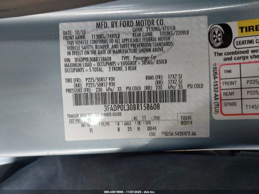 2011 Ford Fusion Hybrid VIN: 3FADP0L30BR158608 Lot: 43619568