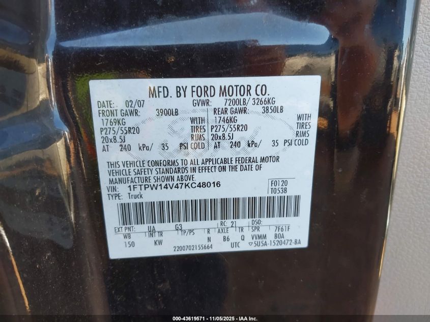 2007 Ford F-150 Fx4/Lariat/Xlt VIN: 1FTPW14V47KC48016 Lot: 43619571