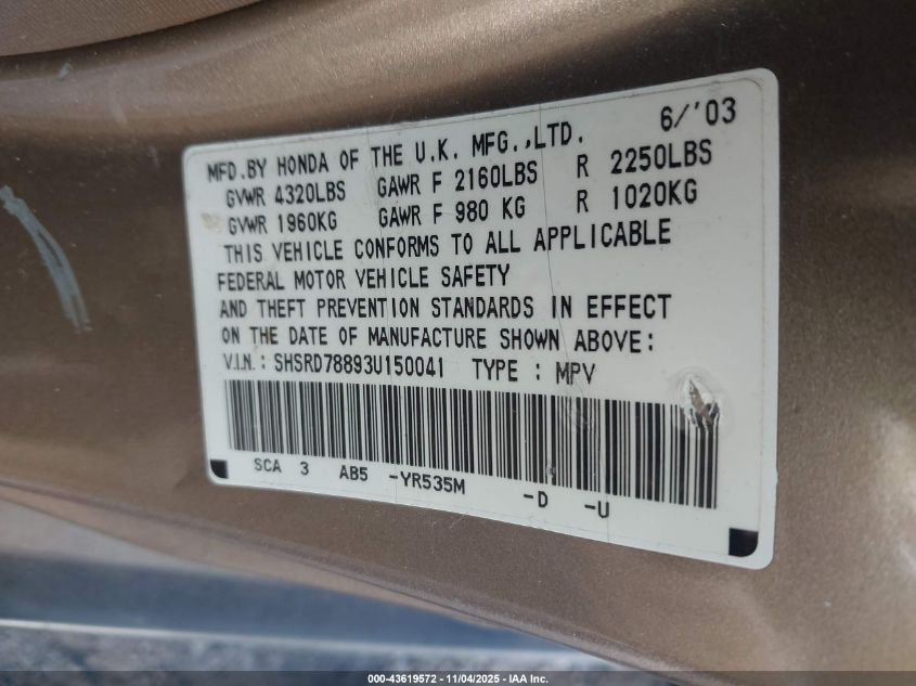 2003 Honda Cr-V Ex VIN: SHSRD78893U150041 Lot: 43619572