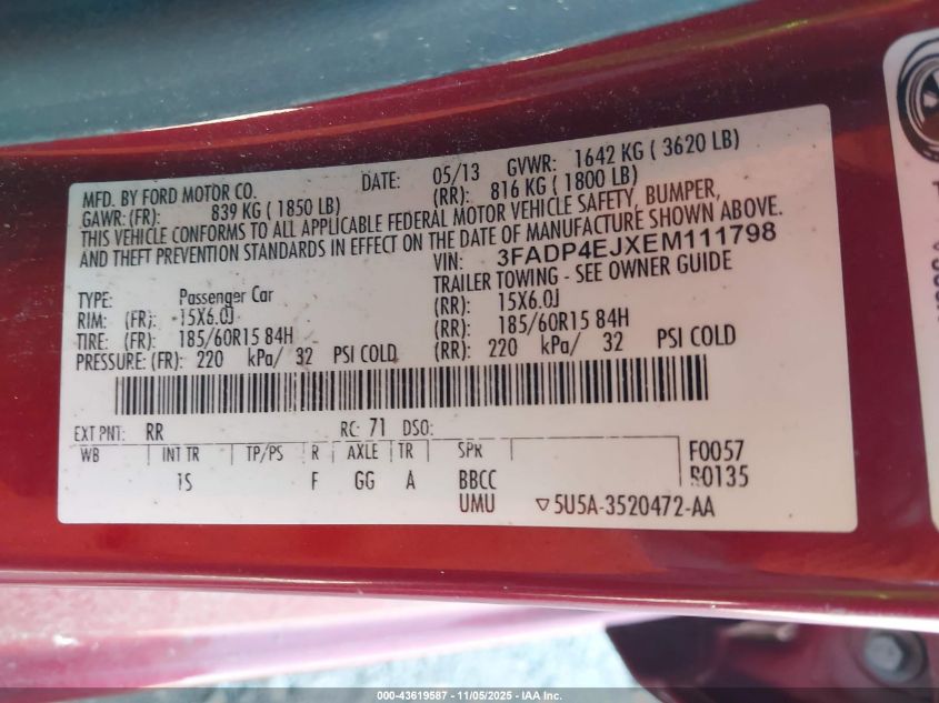 2014 Ford Fiesta Se VIN: 3FADP4EJXEM111798 Lot: 43619587