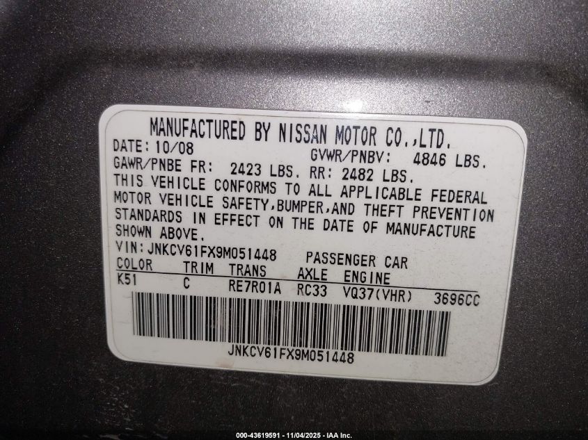 2009 Infiniti G37X VIN: JNKCV61FX9M051448 Lot: 43619591