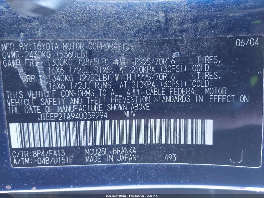 2004 Toyota Highlander V6 VIN: JTEEP21A940059294 Lot: 43619603