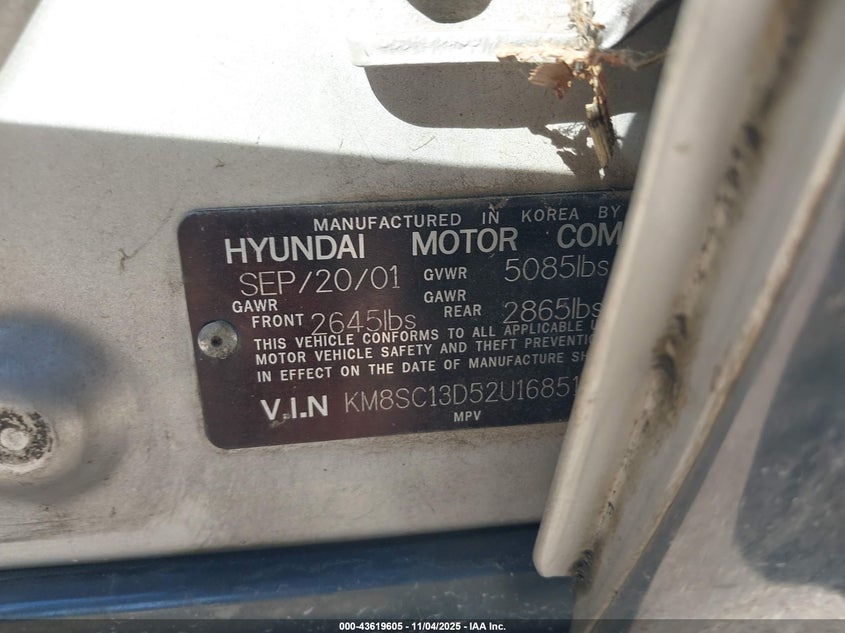 2002 Hyundai Santa Fe Gls/Lx VIN: KM8SC13D52U168518 Lot: 43619605