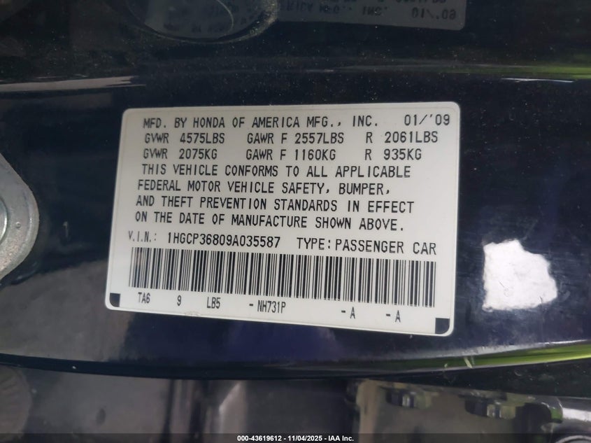 1HGCP36809A035587 2009 HONDA ACCORD photo no. 9