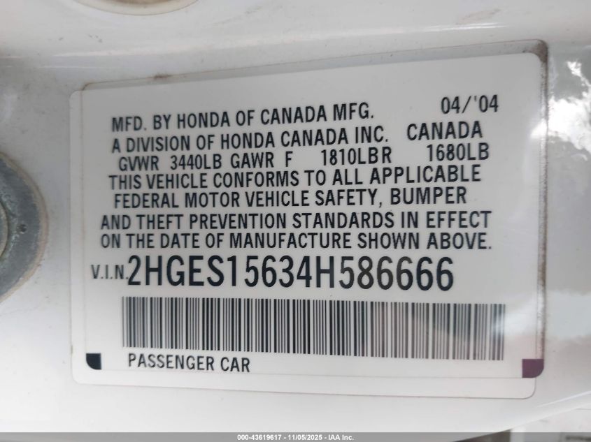 2004 Honda Civic Lx VIN: 2HGES15634H586666 Lot: 43619617