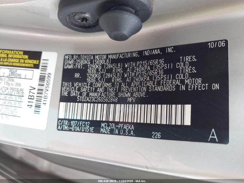 2006 Toyota Sienna Le VIN: 5TDZA23C26S562848 Lot: 43619619