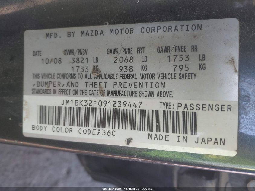 2009 Mazda Mazda3 I VIN: JM1BK32F091239447 Lot: 43619621