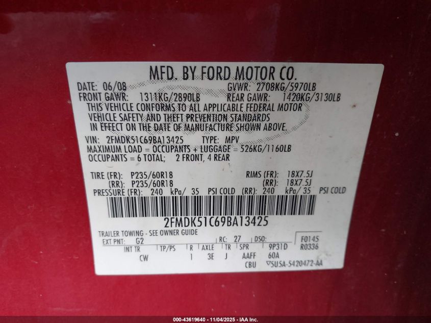 2009 Ford Flex Se VIN: 2FMDK51C69BA13425 Lot: 43619640