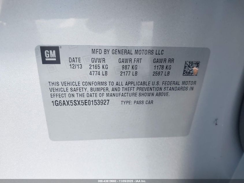 2014 Cadillac Cts Luxury VIN: 1G6AX5SX5E0153927 Lot: 43619660