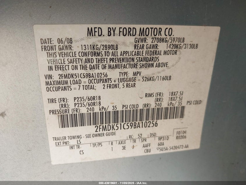 2009 Ford Flex Se VIN: 2FMDK51C59BA10256 Lot: 43619681