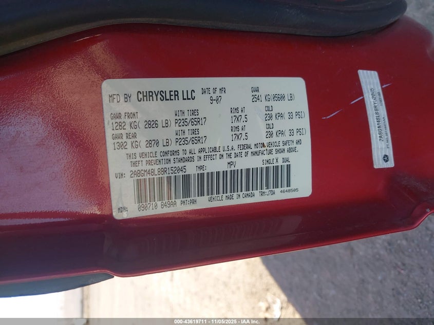 2008 Chrysler Pacifica Lx VIN: 2A8GM48L88R152045 Lot: 43619711