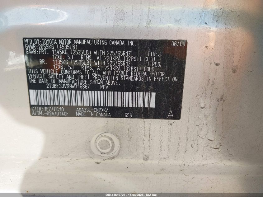 2009 Toyota Rav4 VIN: 2T3BF33V99W016867 Lot: 43619727