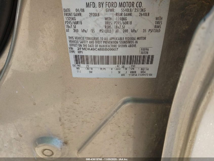 2008 Ford Edge Limited VIN: 2FMDK49C48BB09907 Lot: 43619768
