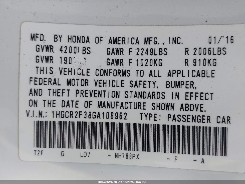 2016 Honda Accord Lx VIN: 1HGCR2F38GA106962 Lot: 43619778