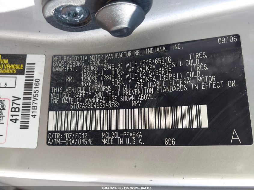 2006 Toyota Sienna Le VIN: 5TDZA23C46S548787 Lot: 43619786