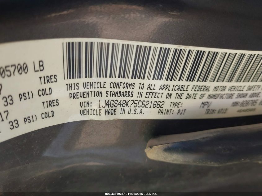2005 Jeep Grand Cherokee Laredo VIN: 1J4GS48K75C621662 Lot: 43619787