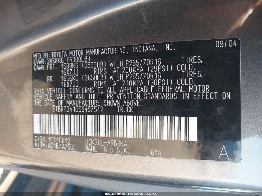 2005 Toyota Tundra Sr5 V8 VIN: 5TBRT34165S457542 Lot: 43619825