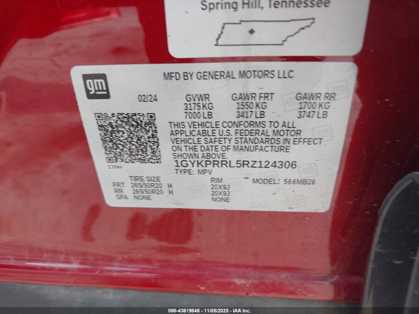 2024 Cadillac Lyriq Luxury W/1Sd VIN: 1GYKPRRL5RZ124306 Lot: 43619846