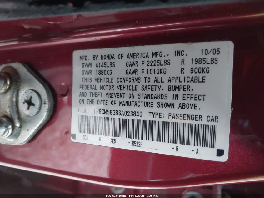 2006 Honda Accord 2.4 Se VIN: 1HGCM56386A023840 Lot: 43619858