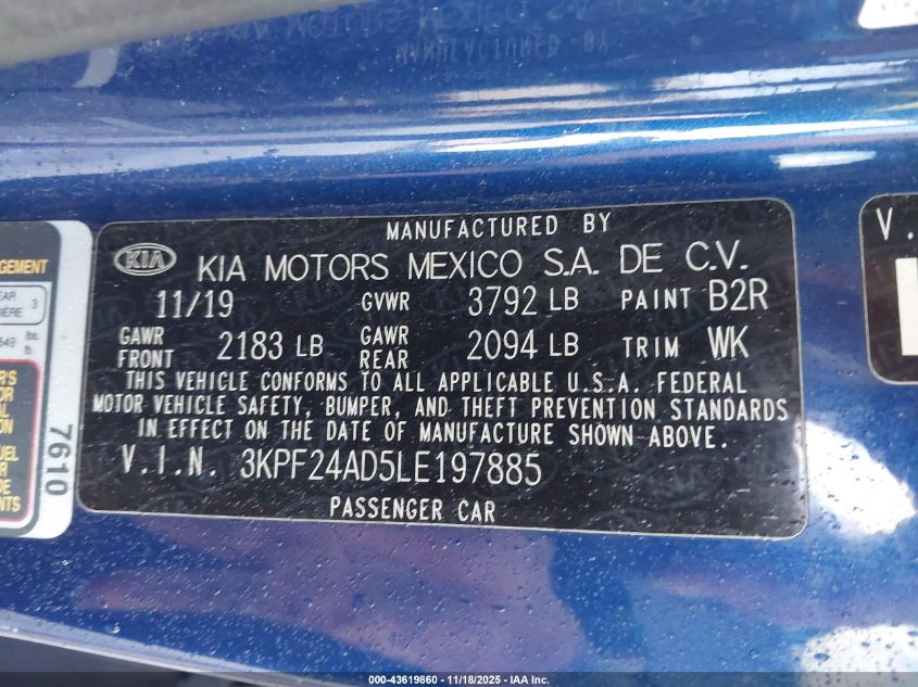 2020 Kia Forte Lxs VIN: 3KPF24AD5LE197885 Lot: 43619860