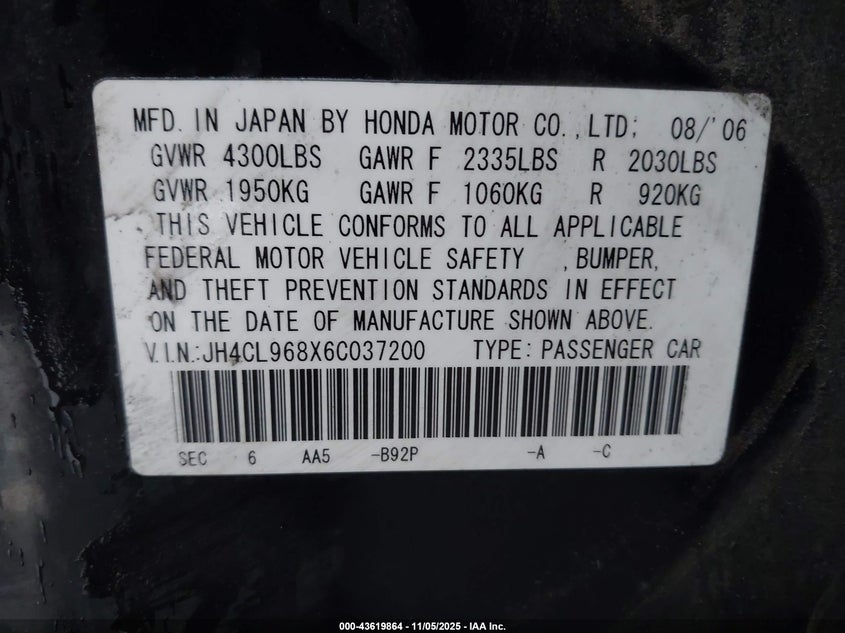 2006 Acura Tsx VIN: JH4CL968X6C037200 Lot: 43619864