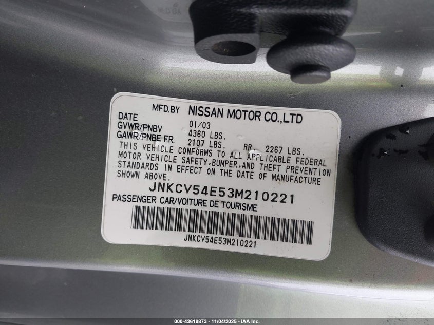 2003 Infiniti G35 Base W/Leather VIN: JNKCV54E53M210221 Lot: 43619873