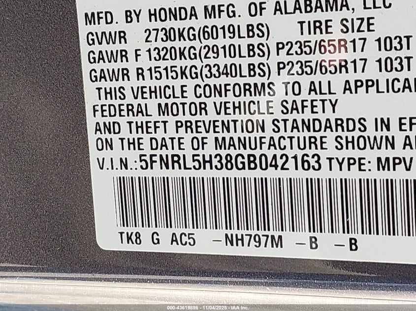 2016 HONDA ODYSSEY SE 5FNRL5H38GB042163