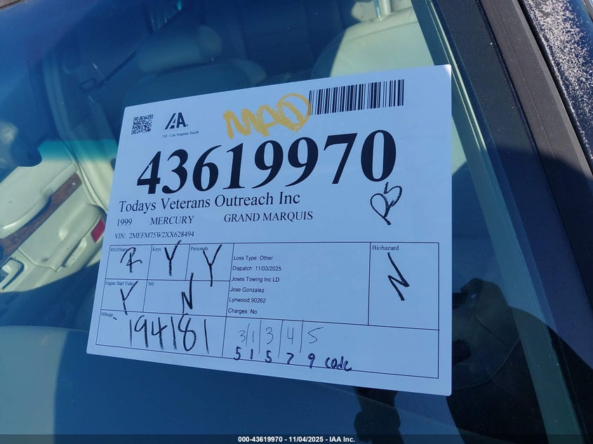 1999 Mercury Grand Marquis Ls VIN: 2MEFM75W2XX628494 Lot: 43619970