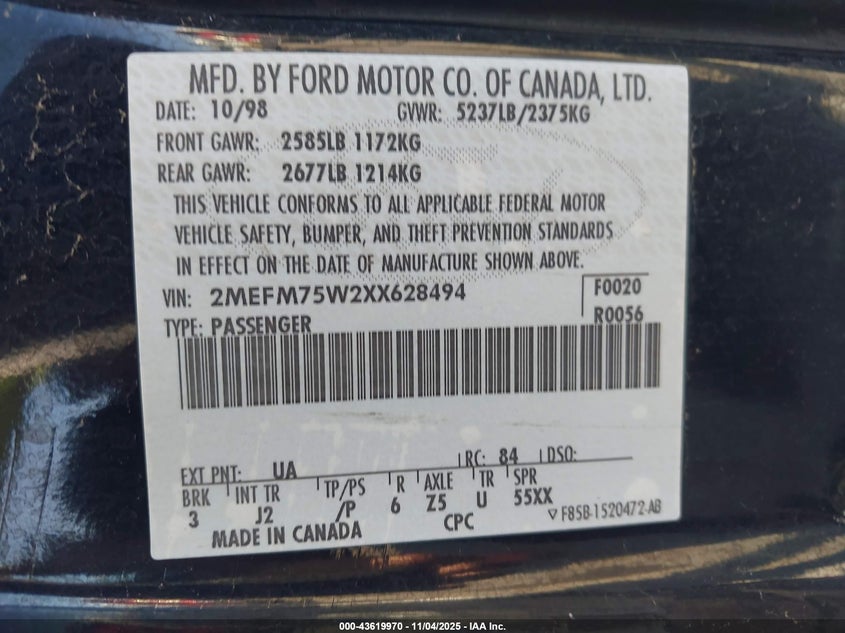 1999 Mercury Grand Marquis Ls VIN: 2MEFM75W2XX628494 Lot: 43619970