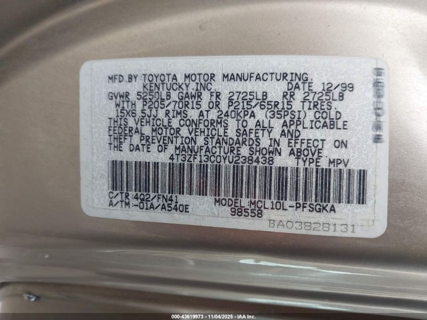 2000 Toyota Sienna Le VIN: 4T3ZF13C0YU238438 Lot: 43619973