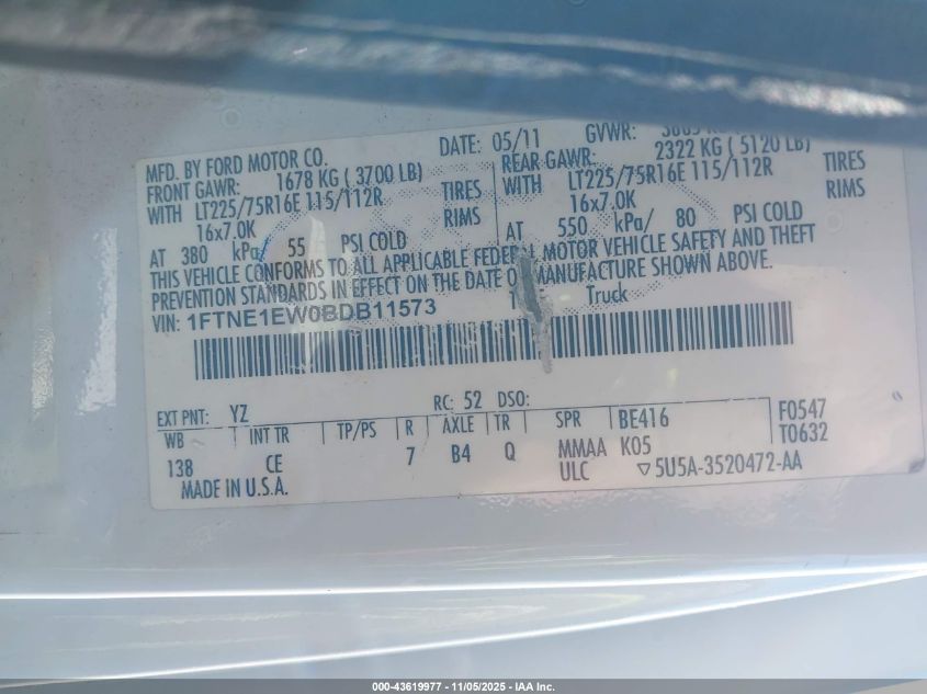 2011 Ford E-150 Commercial VIN: 1FTNE1EW0BDB11573 Lot: 43619977