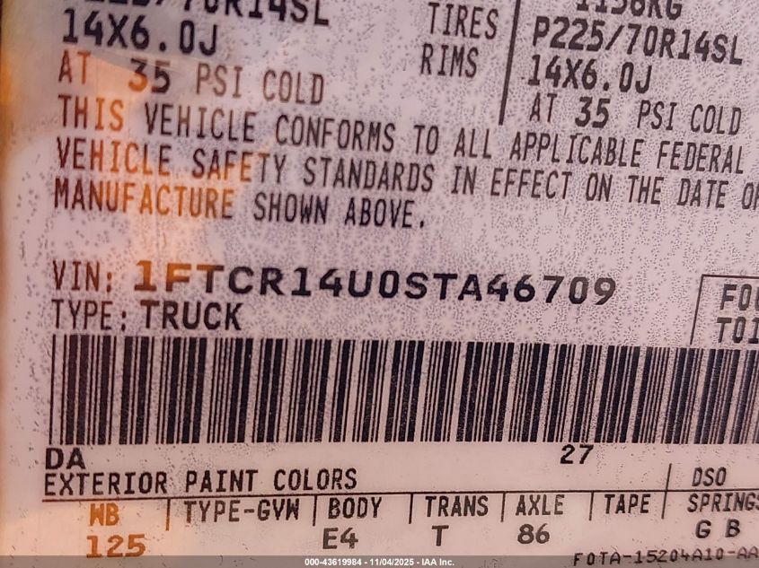 1995 Ford Ranger Super Cab VIN: 1FTCR14U0STA46709 Lot: 43619984