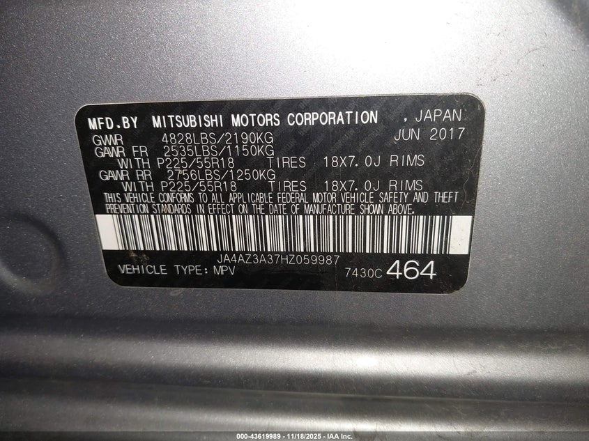 2017 Mitsubishi Outlander Se VIN: JA4AZ3A37HZ059987 Lot: 43619989