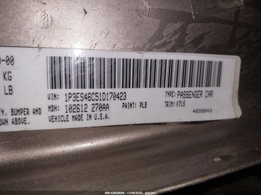 2001 Plymouth Neon Highline VIN: 1P3ES46C51D170423 Lot: 43620008