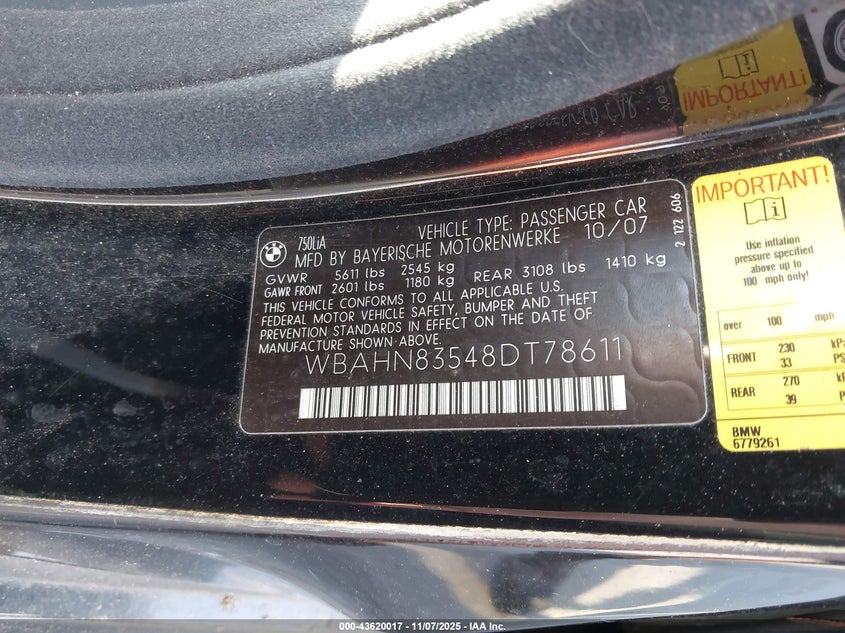 WBAHN83548DT78611 2008 BMW 7ER photo no. 9