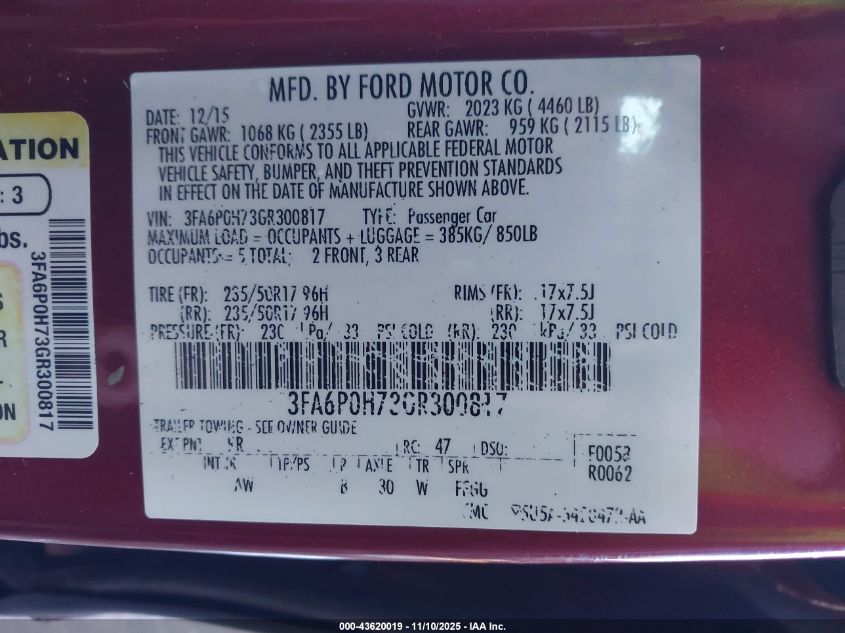 2016 Ford Fusion Se VIN: 3FA6P0H73GR300817 Lot: 43620019