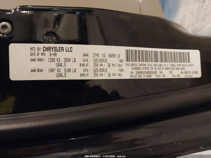 2008 Chrysler Town & Country Touring VIN: 2A8HR54P08R829495 Lot: 43620021