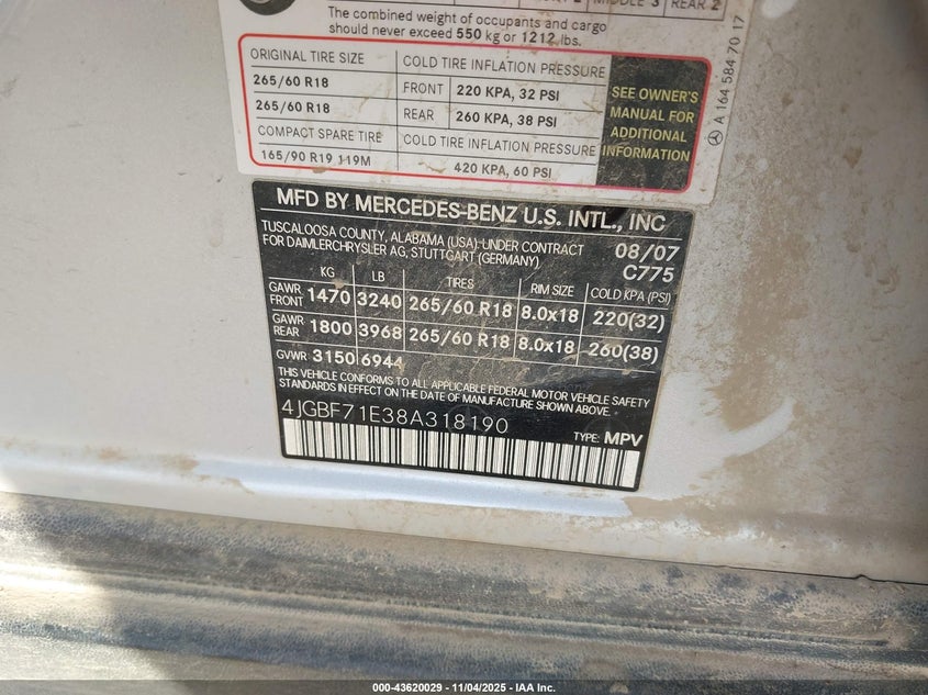 2008 Mercedes-Benz Gl 450 4Matic VIN: 4JGBF71E38A318190 Lot: 43620029