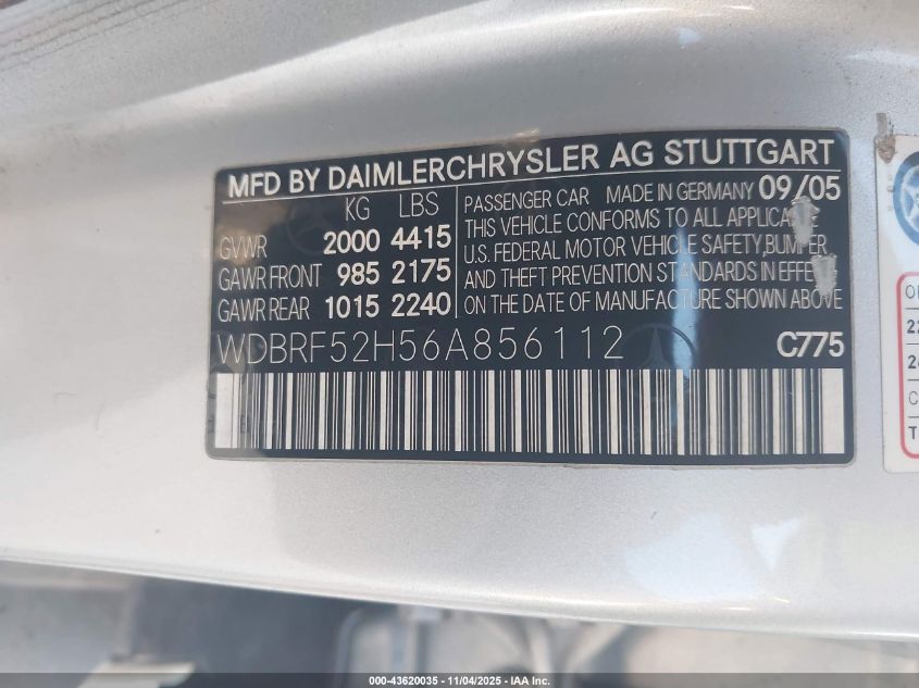 2006 Mercedes-Benz C 230 Sport VIN: WDBRF52H56A856112 Lot: 43620035