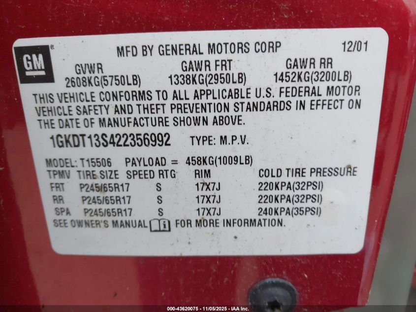 2002 GMC Envoy Slt VIN: 1GKDT13S422356992 Lot: 43620075