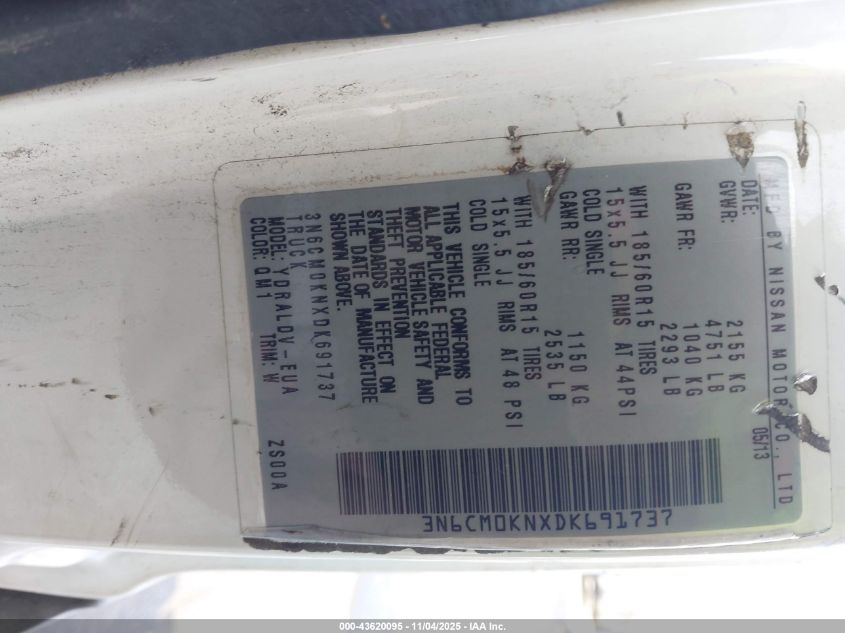 2013 Nissan Nv200 S VIN: 3N6CM0KNXDK691737 Lot: 43620095