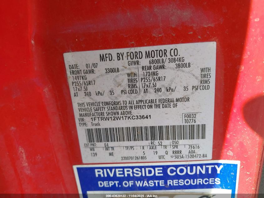 2007 Ford F-150 Xlt VIN: 1FTRW12W17KC33641 Lot: 43620122